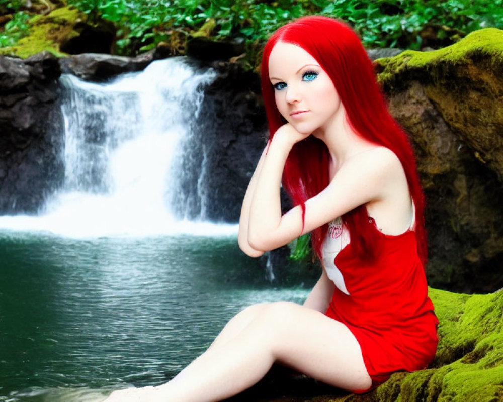 Red-haired woman in red dress by mossy rocks near waterfall