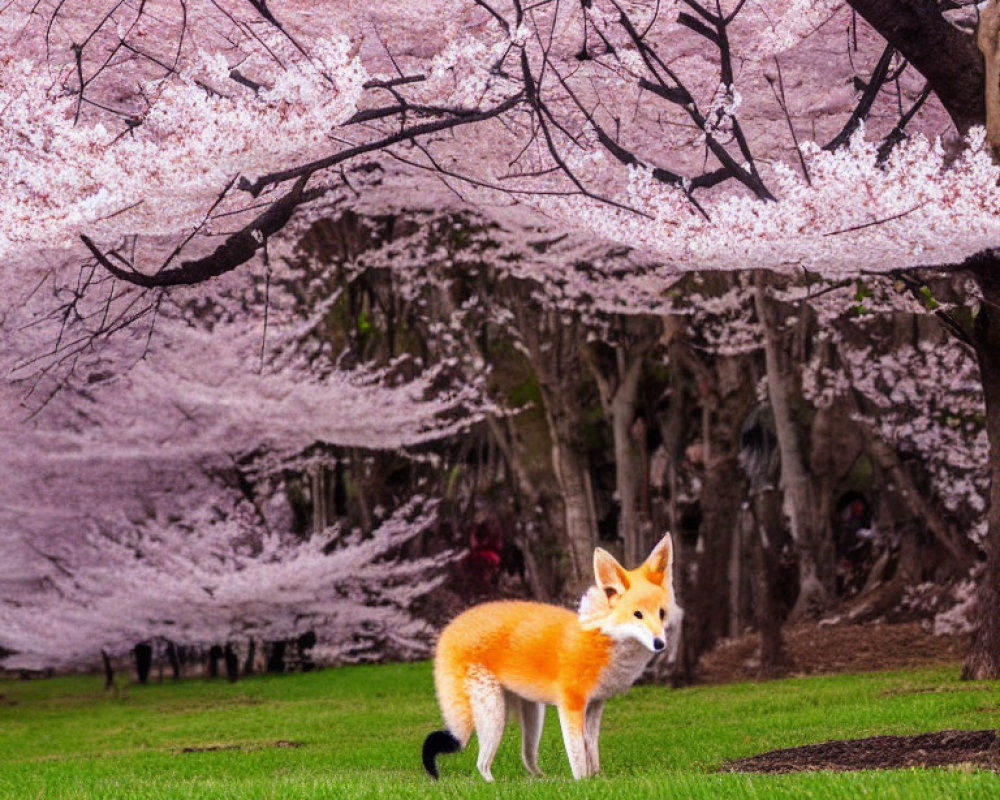 Fox in grassy field under pink cherry blossoms