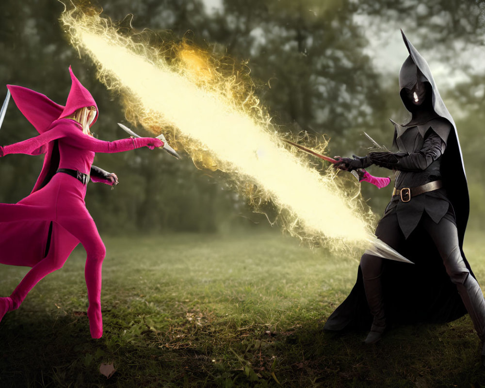 Superhero cosplay duel with sword emitting yellow energy beam