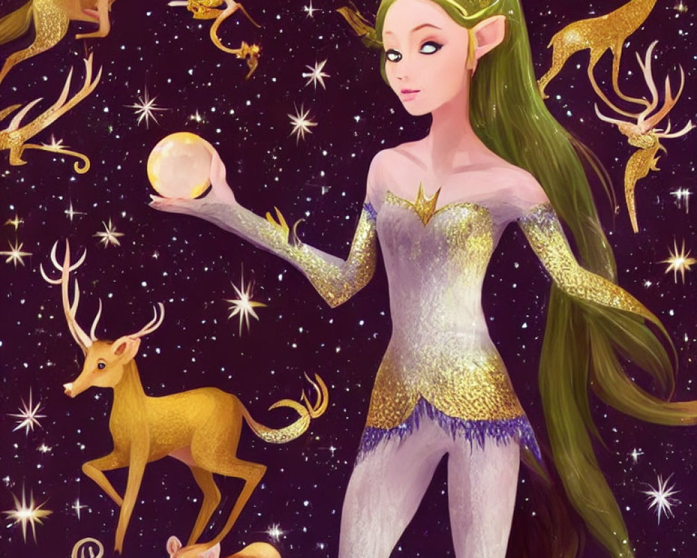 Elf with Glowing Orb Surrounded by Deer and Stars on Purple Background