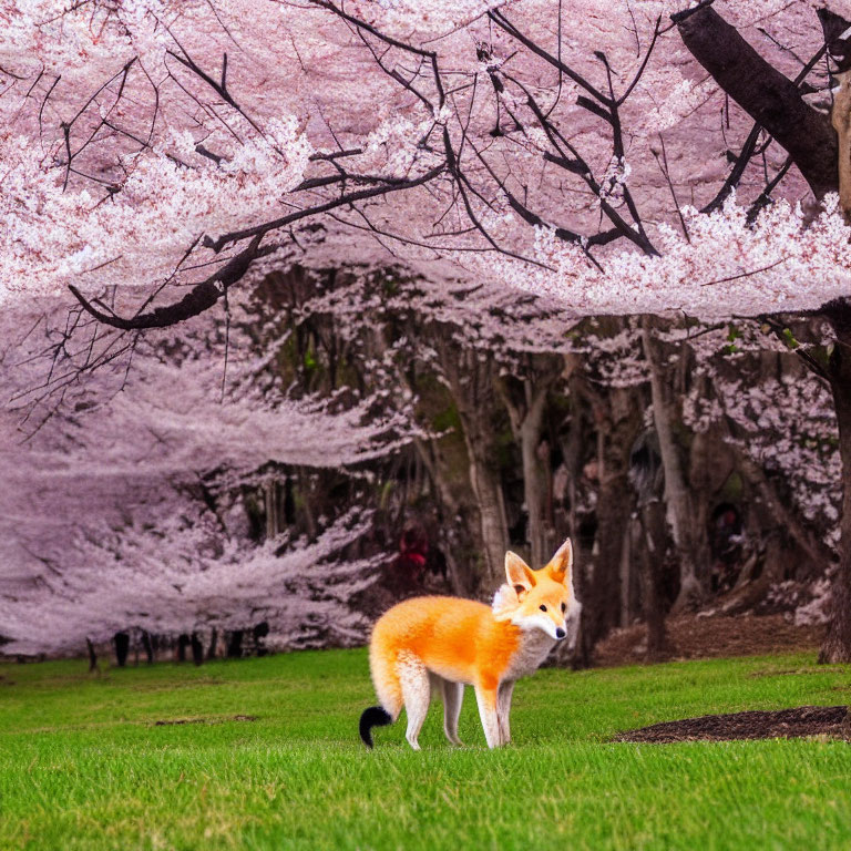 Fox in grassy field under pink cherry blossoms