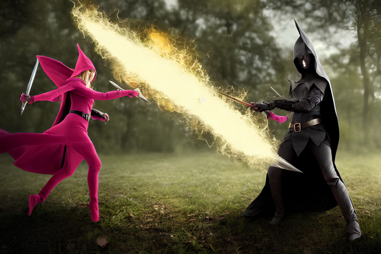 Superhero cosplay duel with sword emitting yellow energy beam