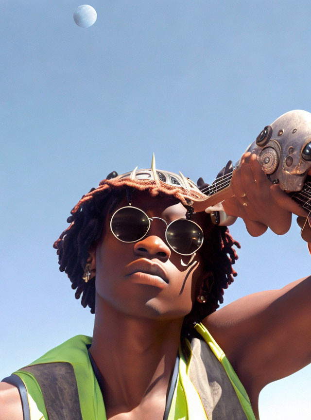 Person wearing sunglasses and unique headgear gazes at floating orb in blue sky