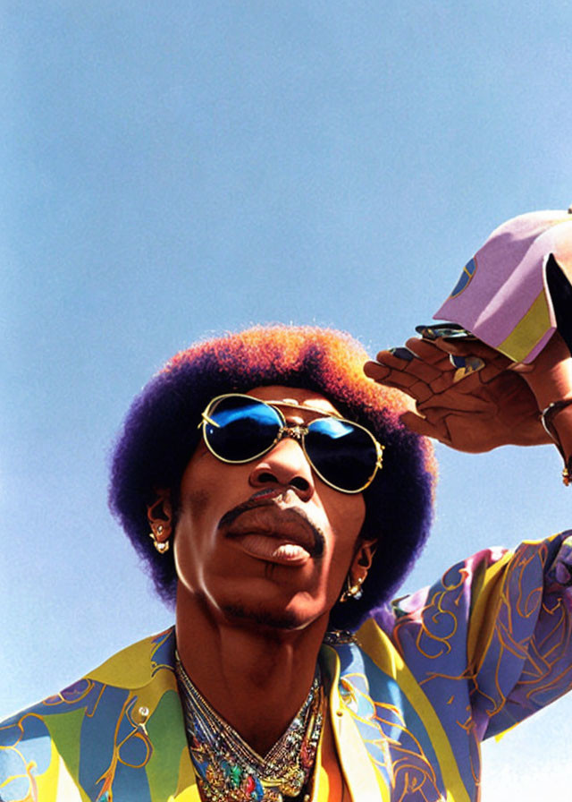 Man with Afro and sunglasses casting shadow, looking up against blue sky