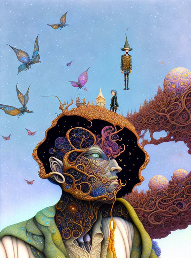 Colorful surreal illustration: Person with ornate universe in head surrounded by whimsical characters and butterflies in