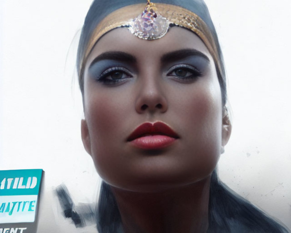 Futuristic digital artwork of a woman with embellished headpiece and Egyptian-style collar