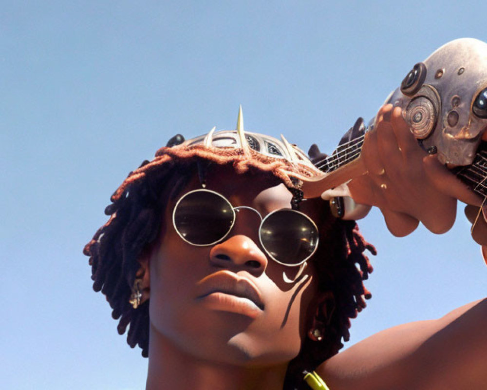 Person wearing sunglasses and unique headgear gazes at floating orb in blue sky