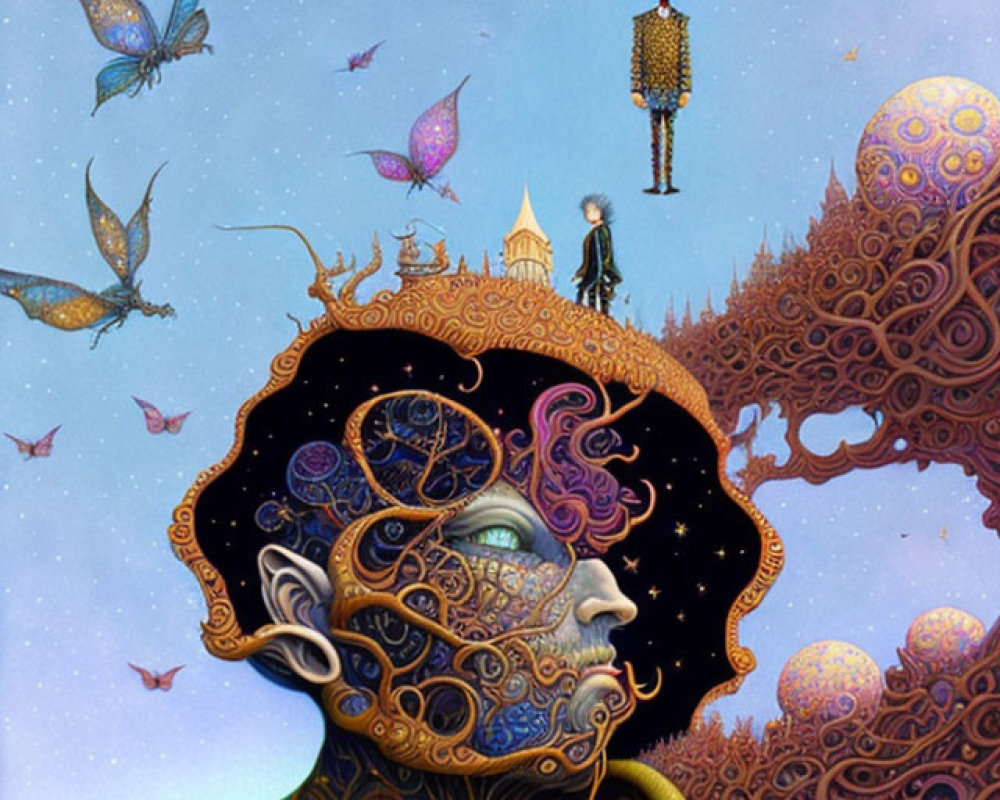 Colorful surreal illustration: Person with ornate universe in head surrounded by whimsical characters and butterflies in