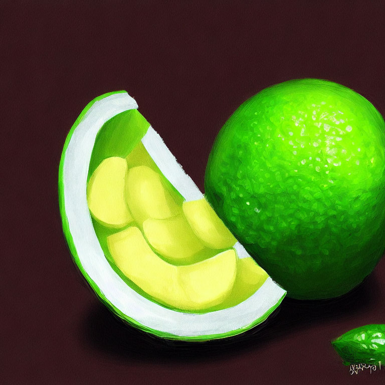 Detailed digital artwork of cut and whole lime on dark background