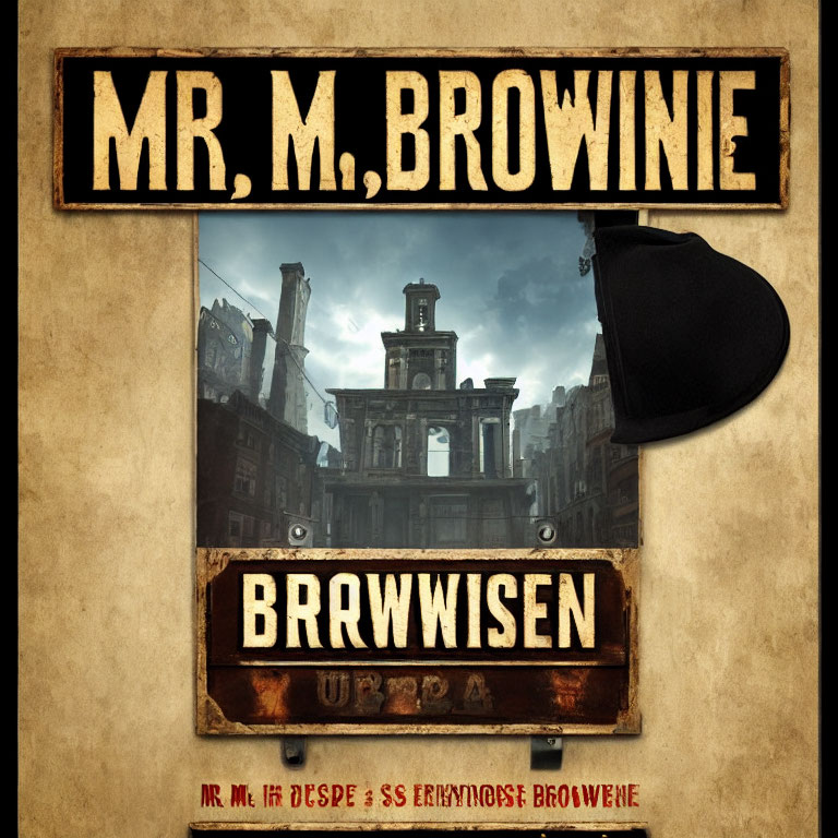 Vintage-style poster featuring "MR. M, BROWNIE" text, sepia-toned city