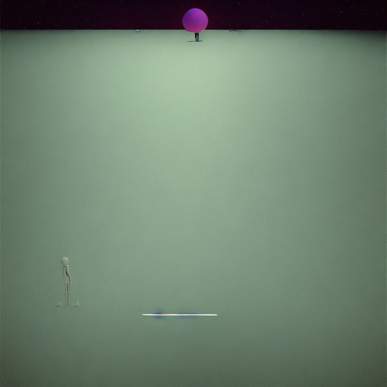 Minimalist Artwork: Solitary Figure by Bench with Purple Balloon