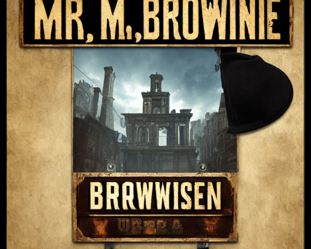 Vintage-style poster featuring "MR. M, BROWNIE" text, sepia-toned city