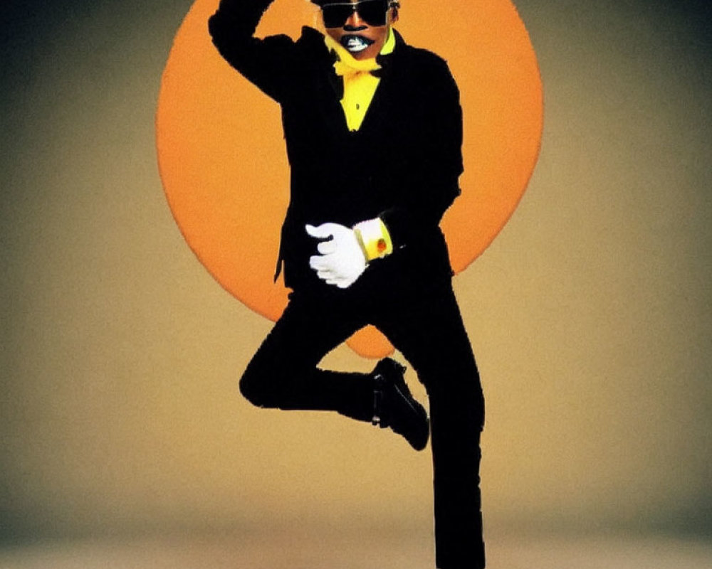 Stylized person in black suit, yellow gloves, and sunglasses on orange backdrop