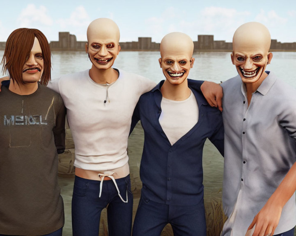 Four Male Figures in Oversized Smiling Masks by Water