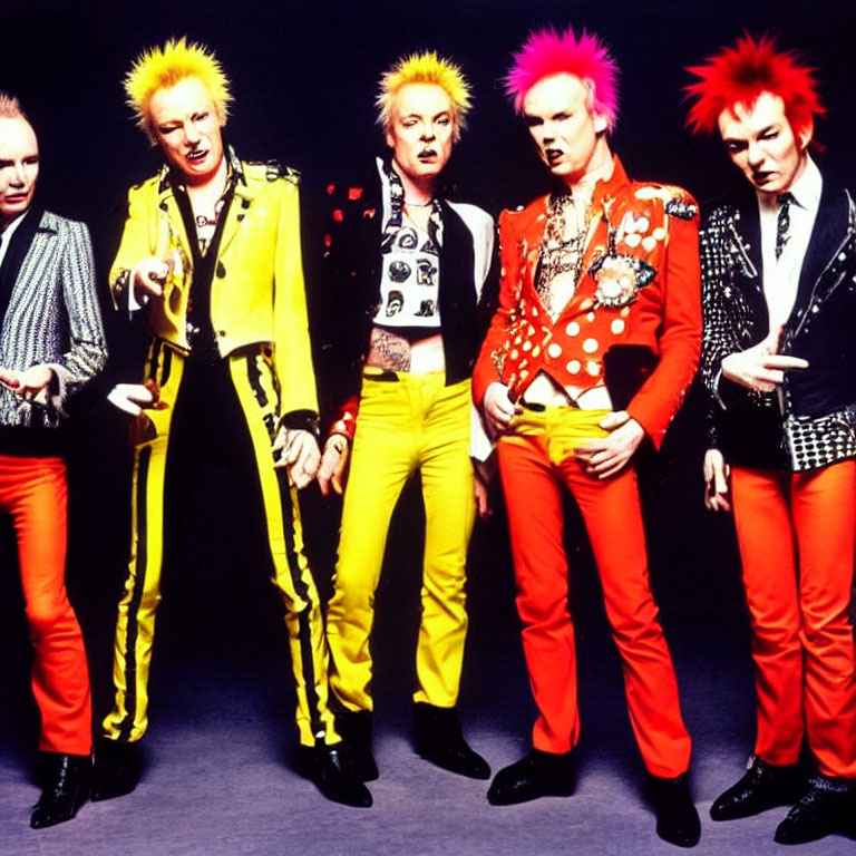 Five people in punk fashion with colorful mohawks and studded leather jackets on yellow backdrop