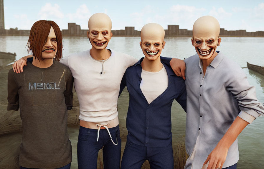 Four Male Figures in Oversized Smiling Masks by Water