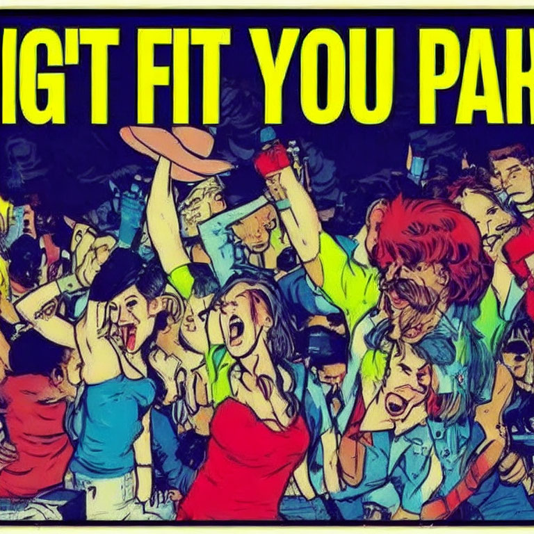 Vibrant party scene with dancing crowd and text overlay.