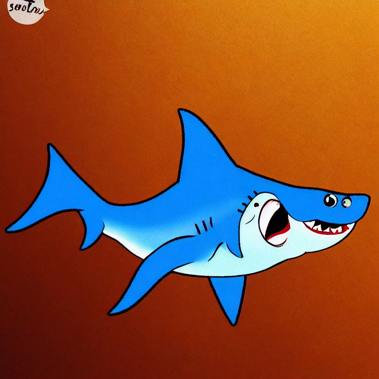 Cheerful blue shark cartoon with wide smile on orange background