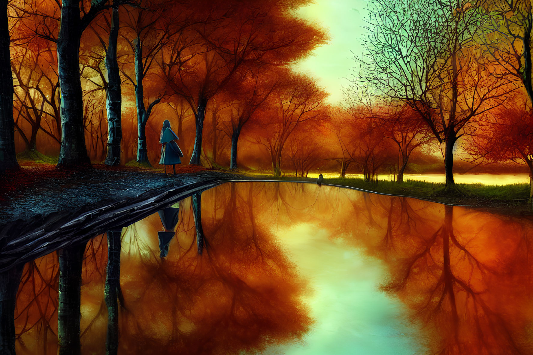 Tranquil autumn landscape with reflective lake, orange trees, and figure under warm sky