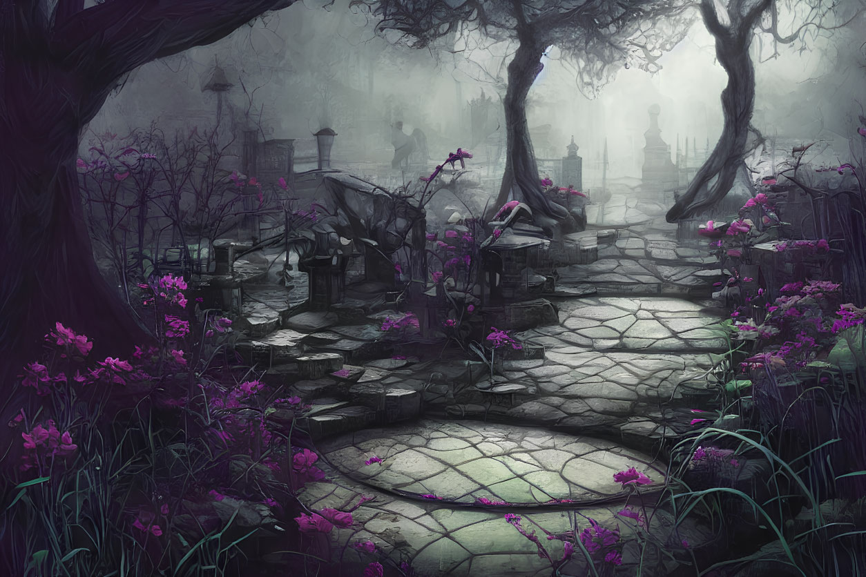 Misty graveyard with purple flowers, stone paths, gnarled trees