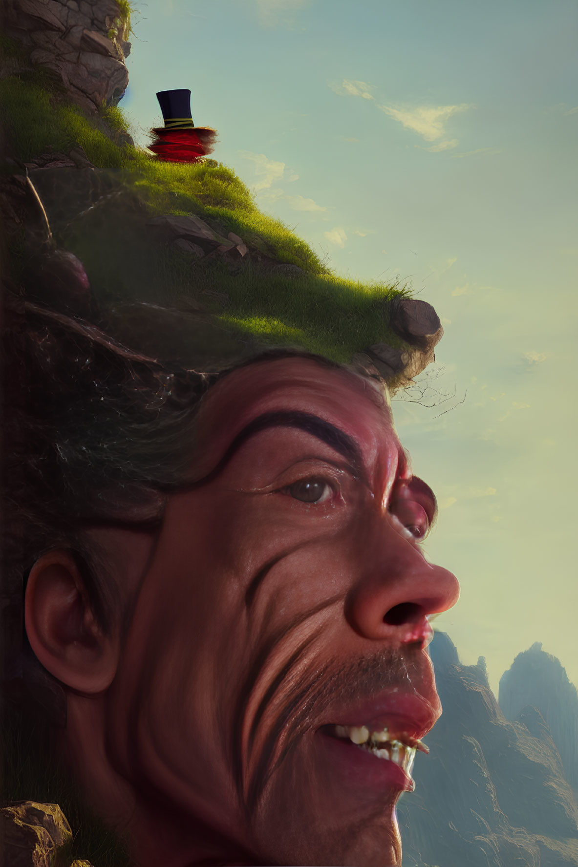 Surrealist landscape: Man's face merges with hill, nose and mouth as cliffside; top