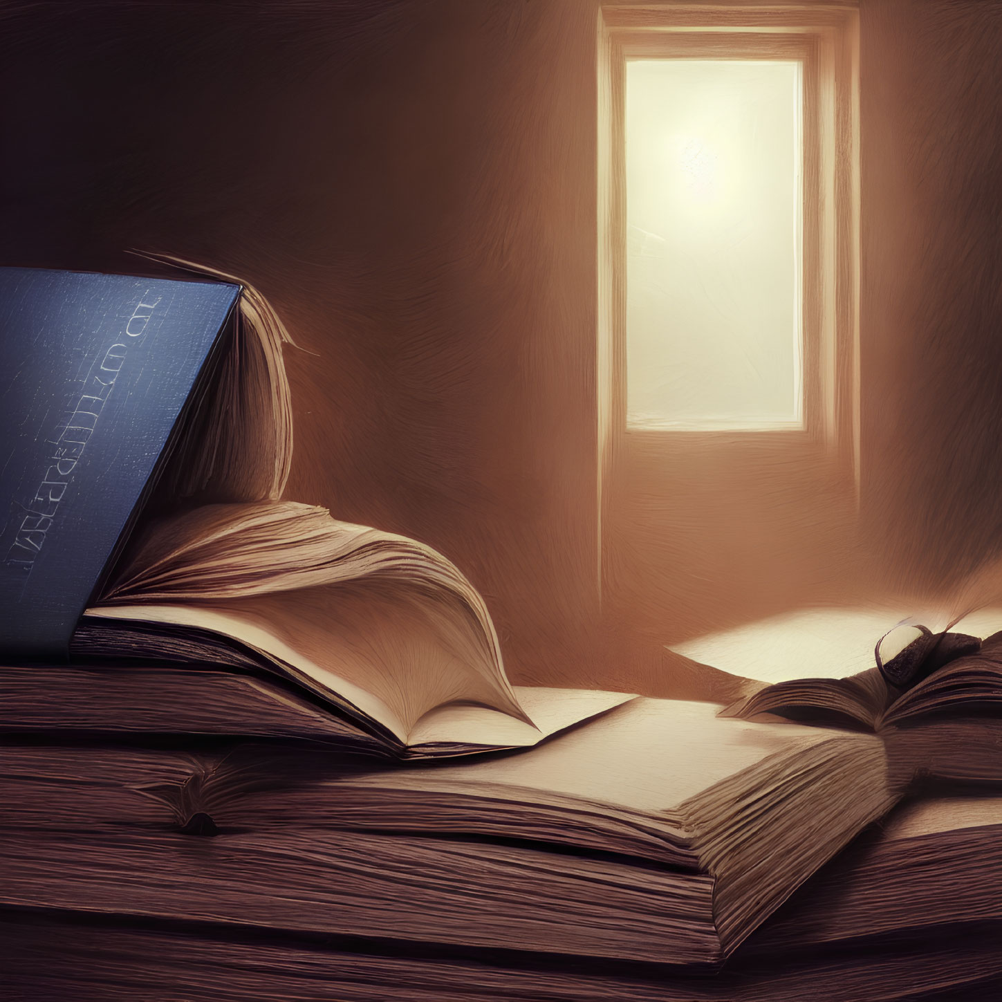 Open Book Next to Another on Wooden Surface with Soft Light