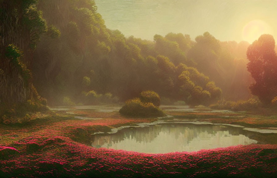 Tranquil landscape with sunlit pond and pink flowers