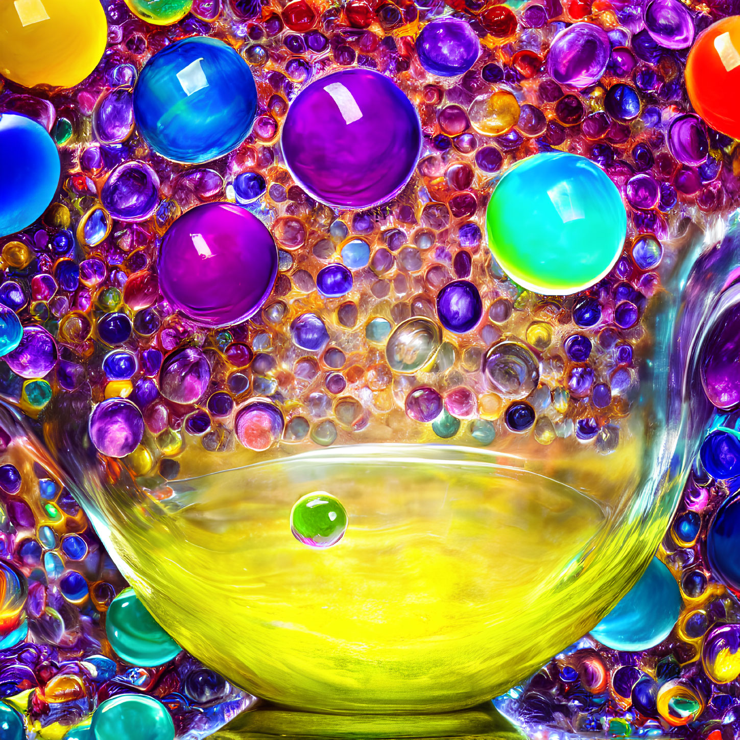 Multicolored Beads and Marbles Surrounding Yellow Glass Bowl