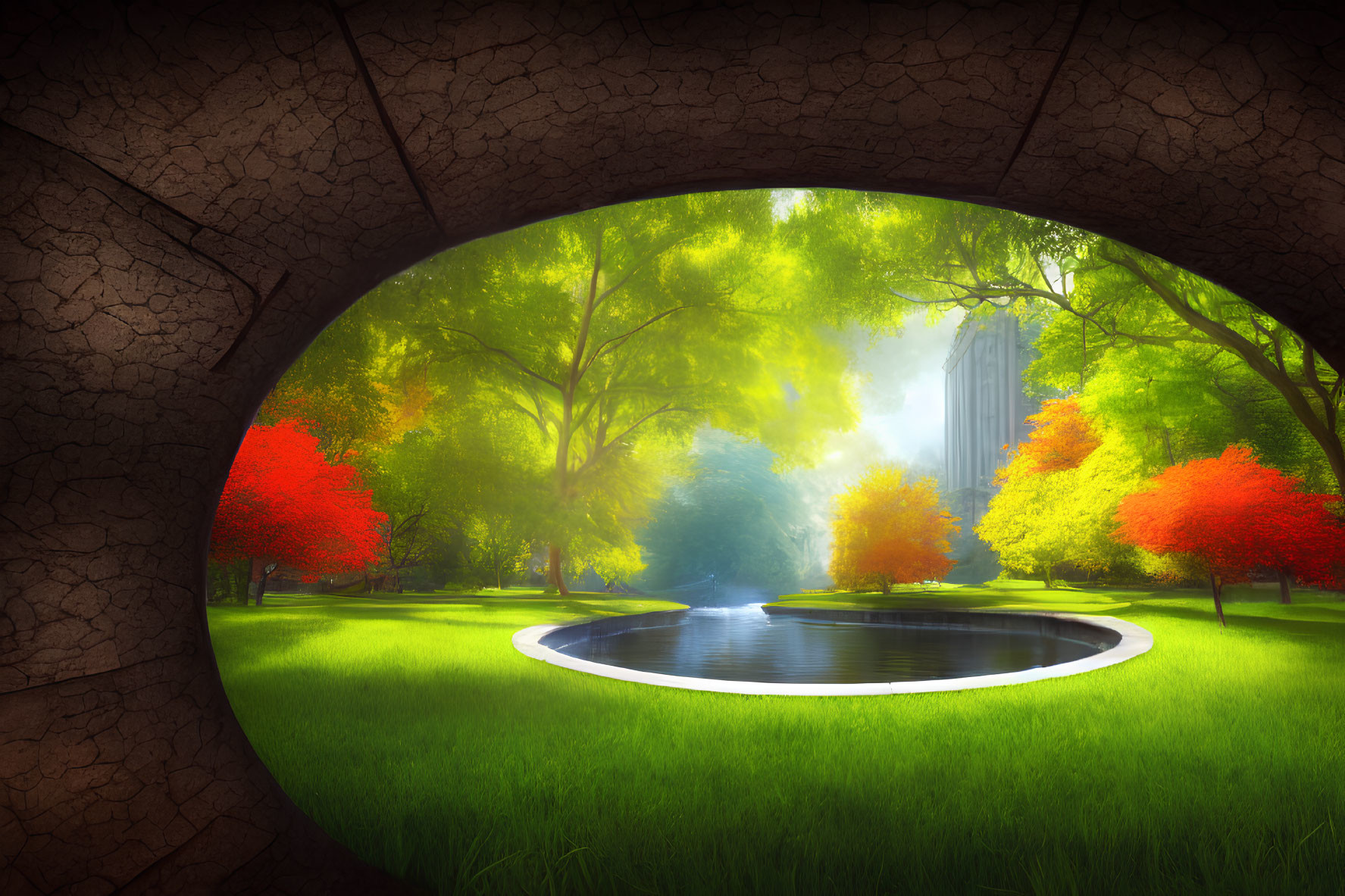 Tranquil park scene with green, blue, and red trees through round tunnel opening