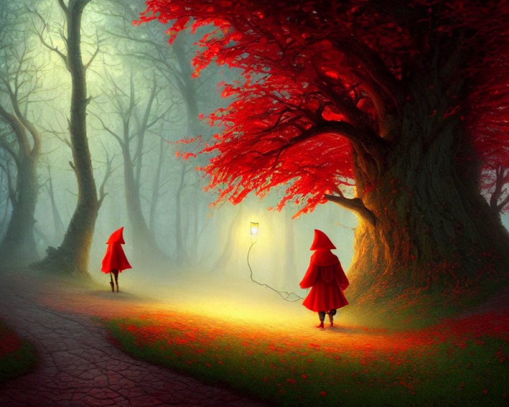 Two Figures in Red Cloaks Walk in Mystical Forest Scene