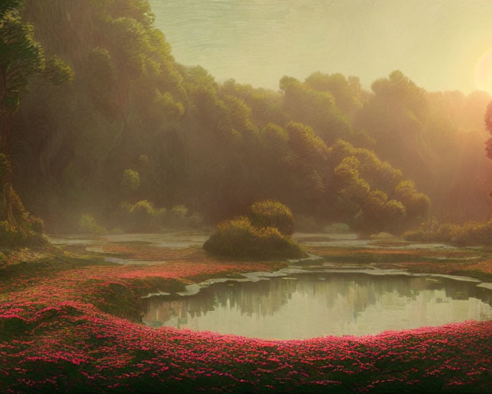 Tranquil landscape with sunlit pond and pink flowers