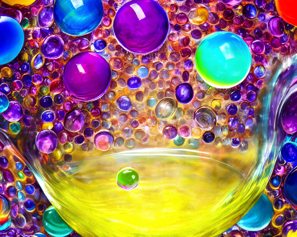 Multicolored Beads and Marbles Surrounding Yellow Glass Bowl