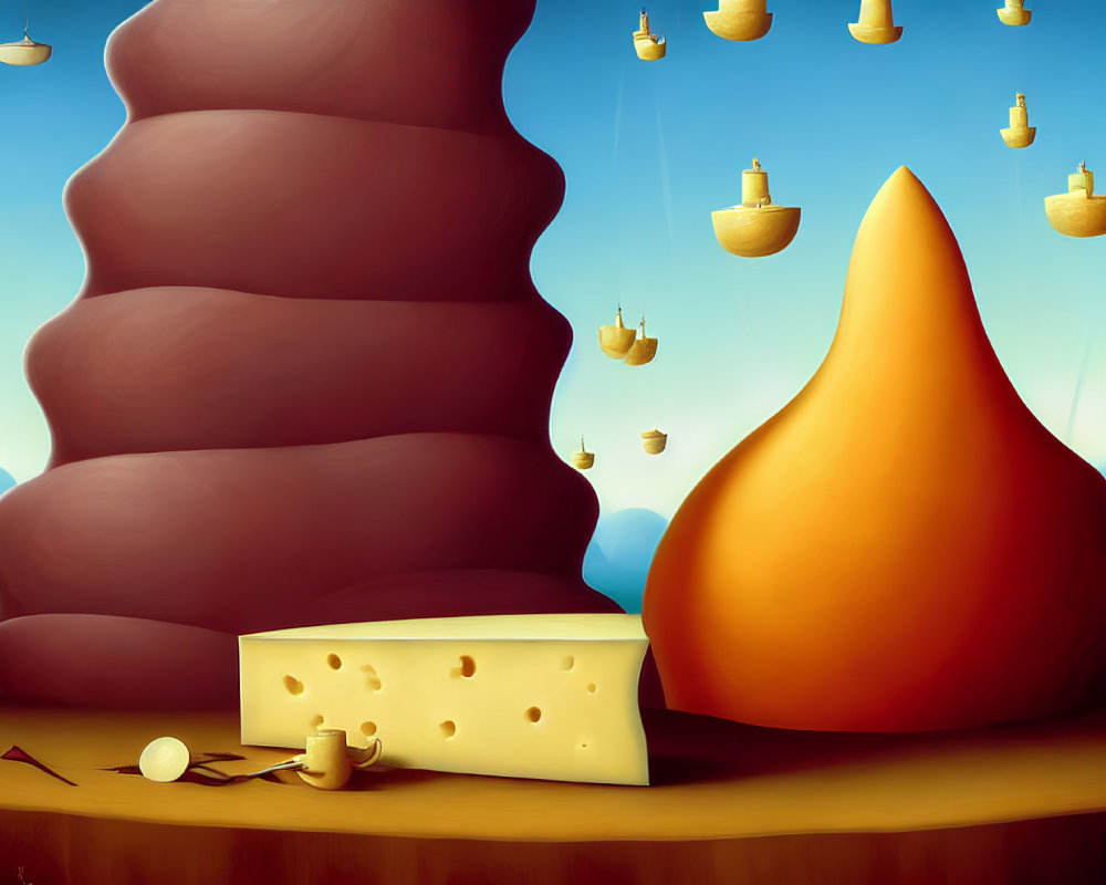 Whimsical Swiss Cheese & Pear Illustration with Tower & Candles