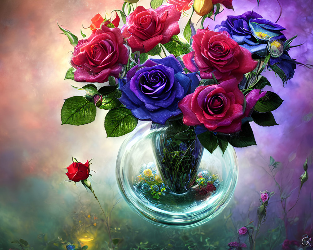 Colorful Rose Bouquet in Transparent Vase on Mystical Background