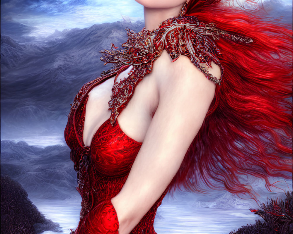 Regal figure with red hair in ornate crown and gown against blue sky.