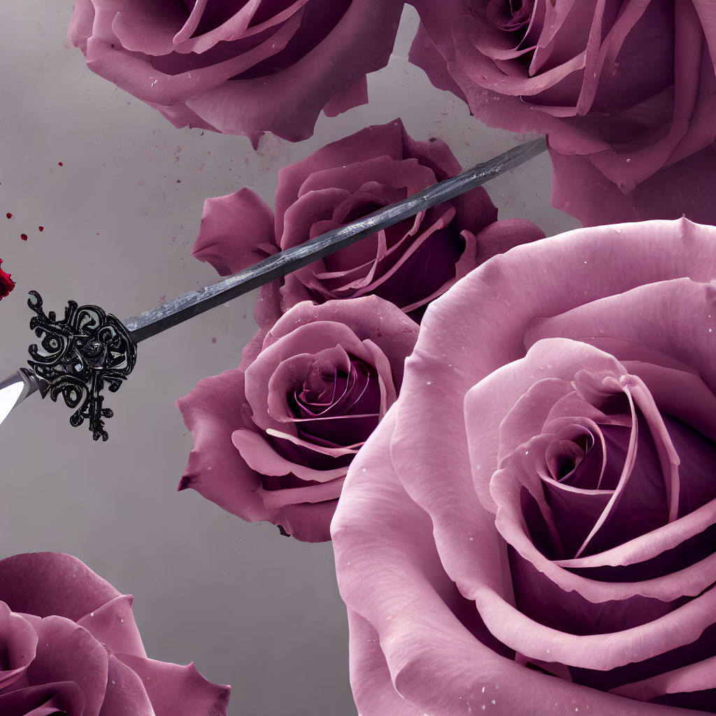 Detailed image: Sword piercing purple roses with scattering petals and red droplets on muted background