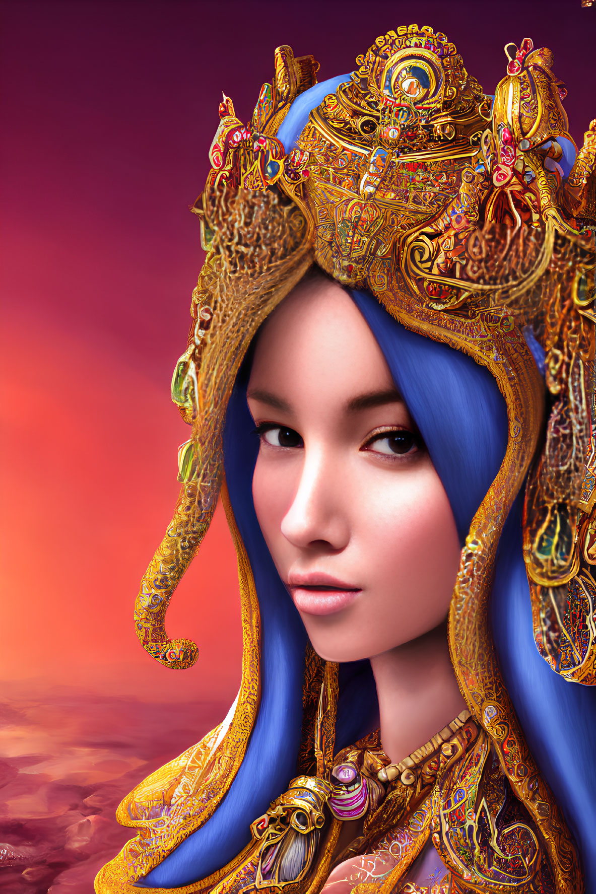 Digital portrait of woman with blue hair and gold crown against sunset sky