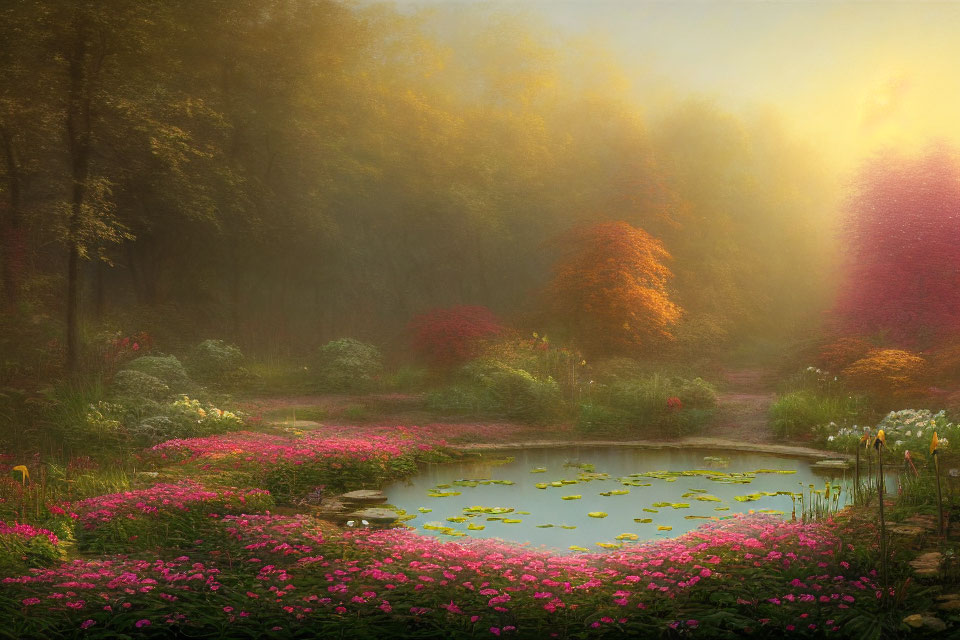 Tranquil sunrise garden with blooming flowers and pond