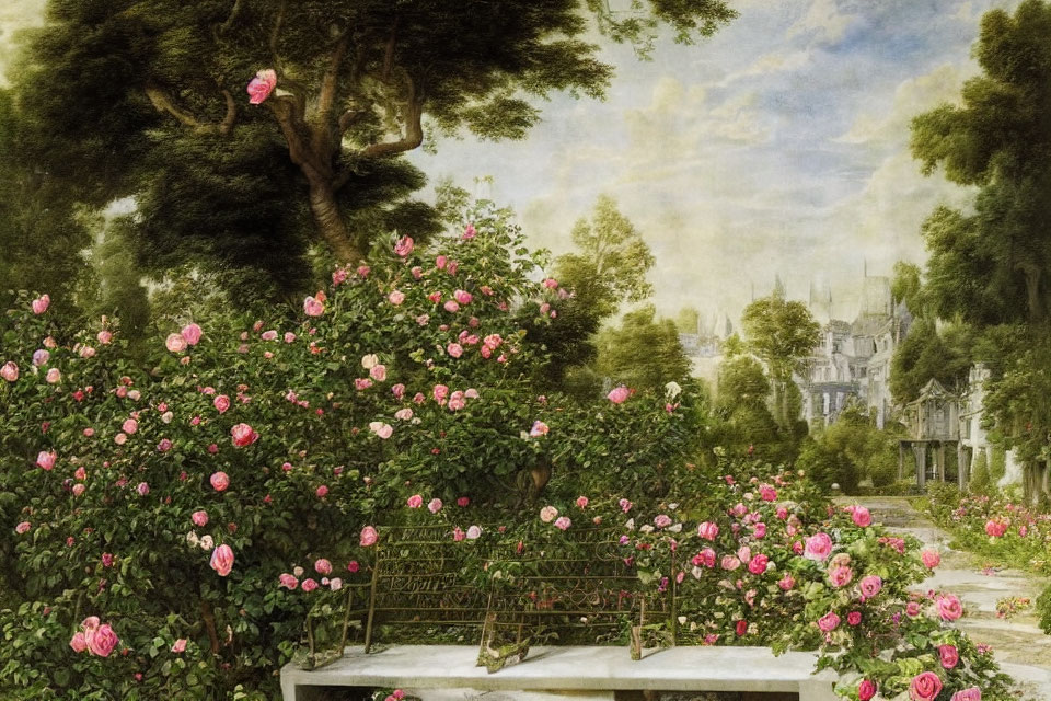 Tranquil garden with pink roses, vintage bench, lush greenery