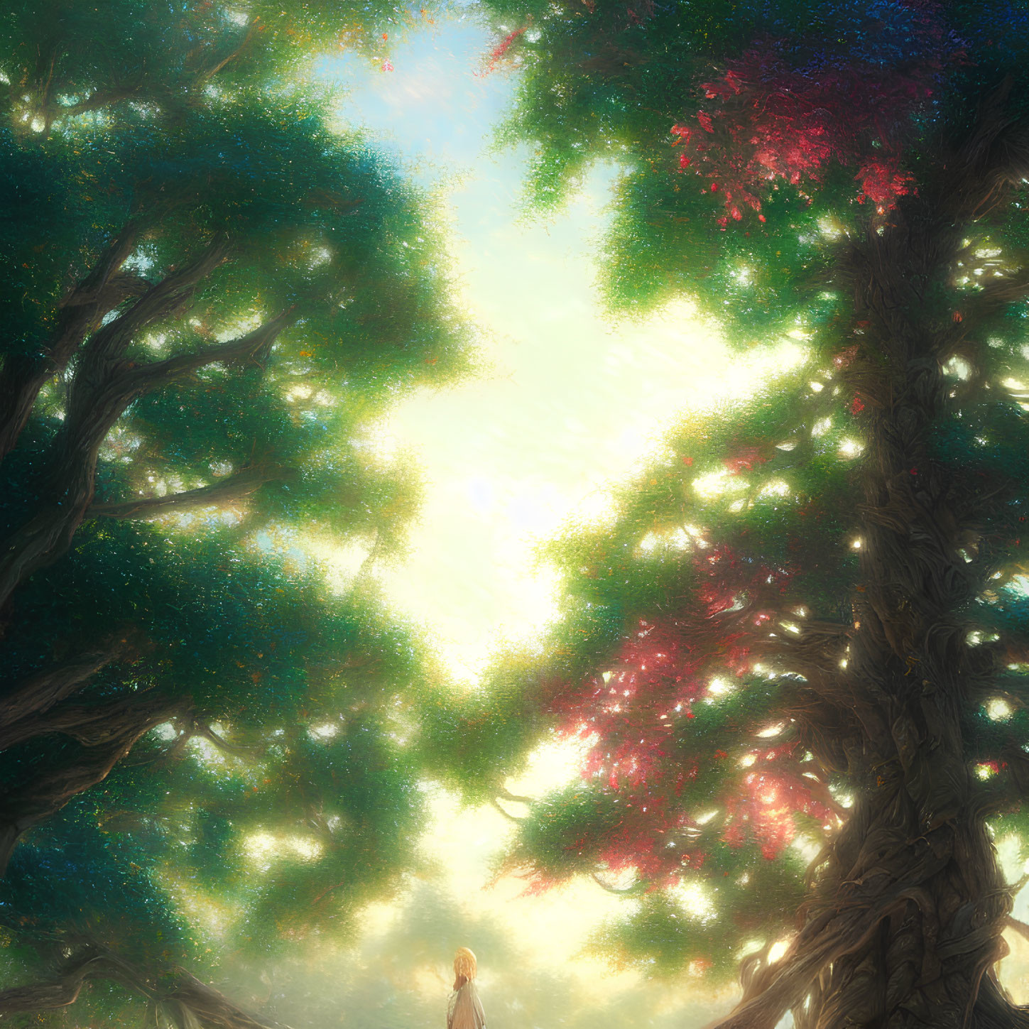 Mystical forest scene with towering trees and sunbeams