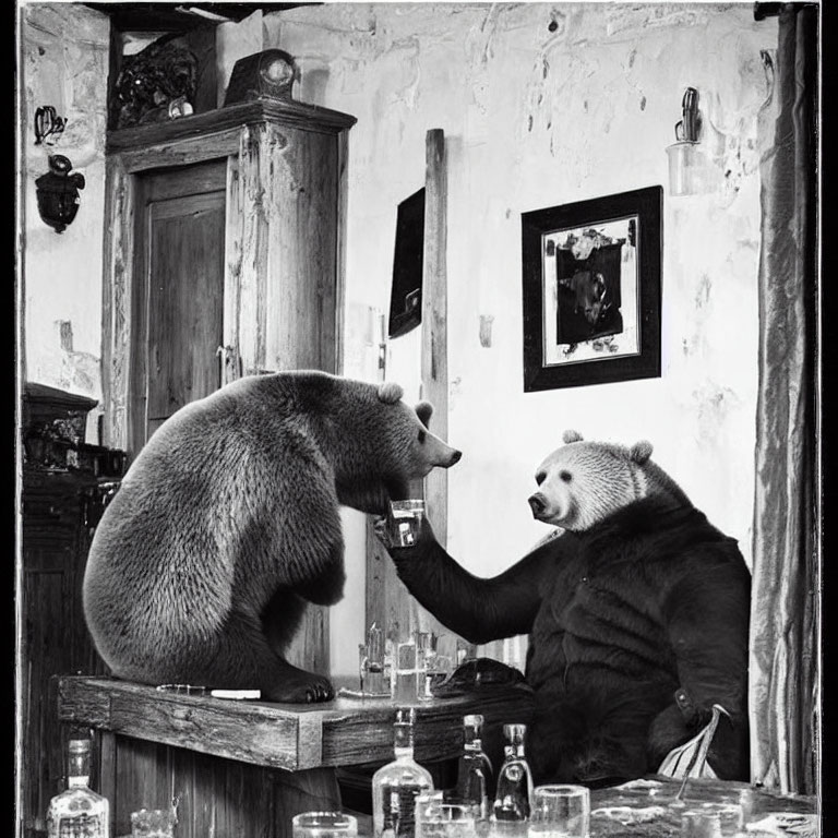 Two bears in human-like pose at a rustic bar with bottles, vintage setting