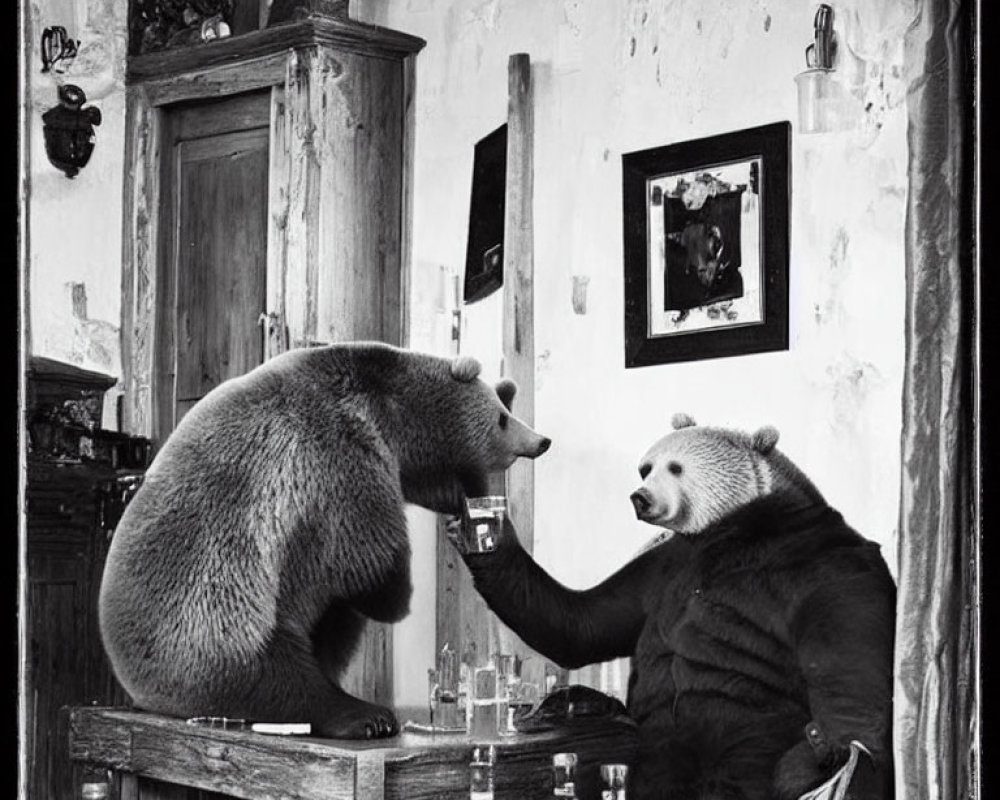 Two bears in human-like pose at a rustic bar with bottles, vintage setting