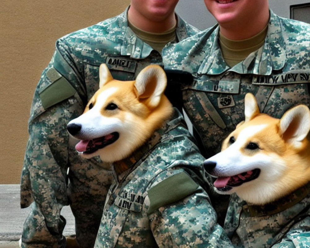 Smiling corgis in military uniforms with soldiers in background