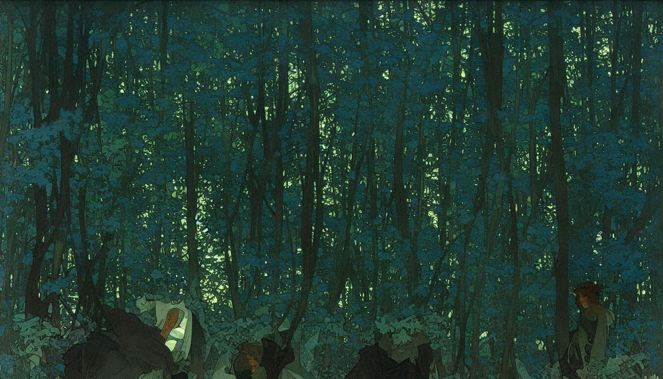 Twilight forest scene with dense foliage and two figures exploring.