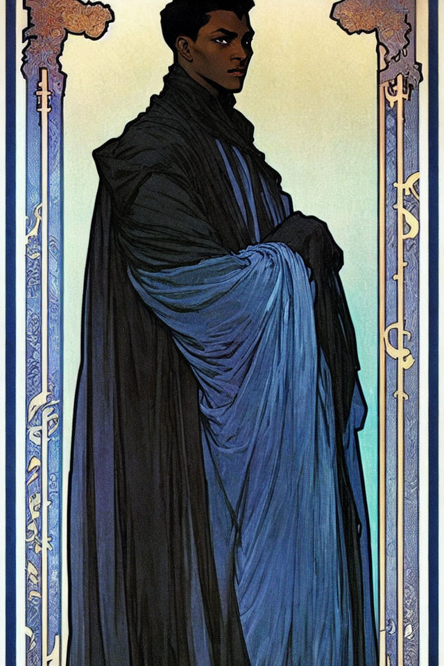 Stern man in dark cloak with blue lining between ornate swords on Art Nouveau backdrop