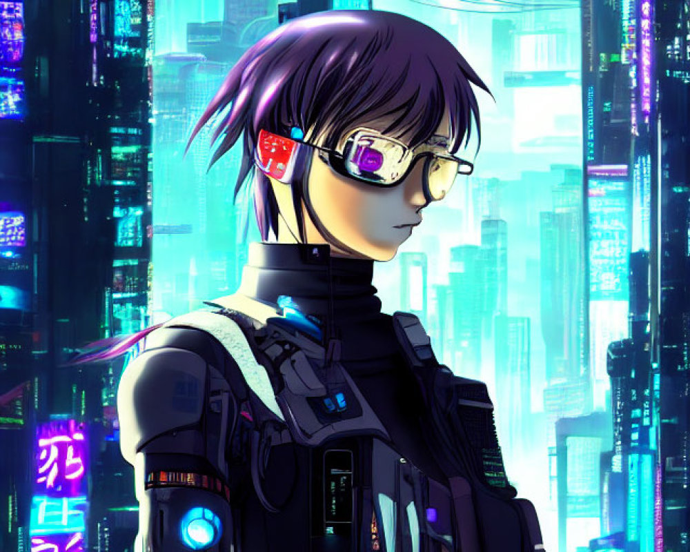 Purple-haired cyberpunk with futuristic glasses and cybernetic enhancements in neon-lit cityscape