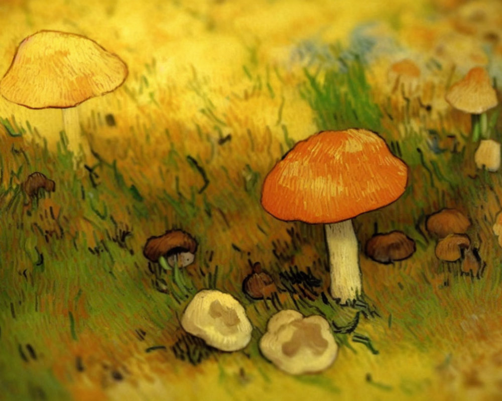 Colorful Mushroom Painting in Grassy Field