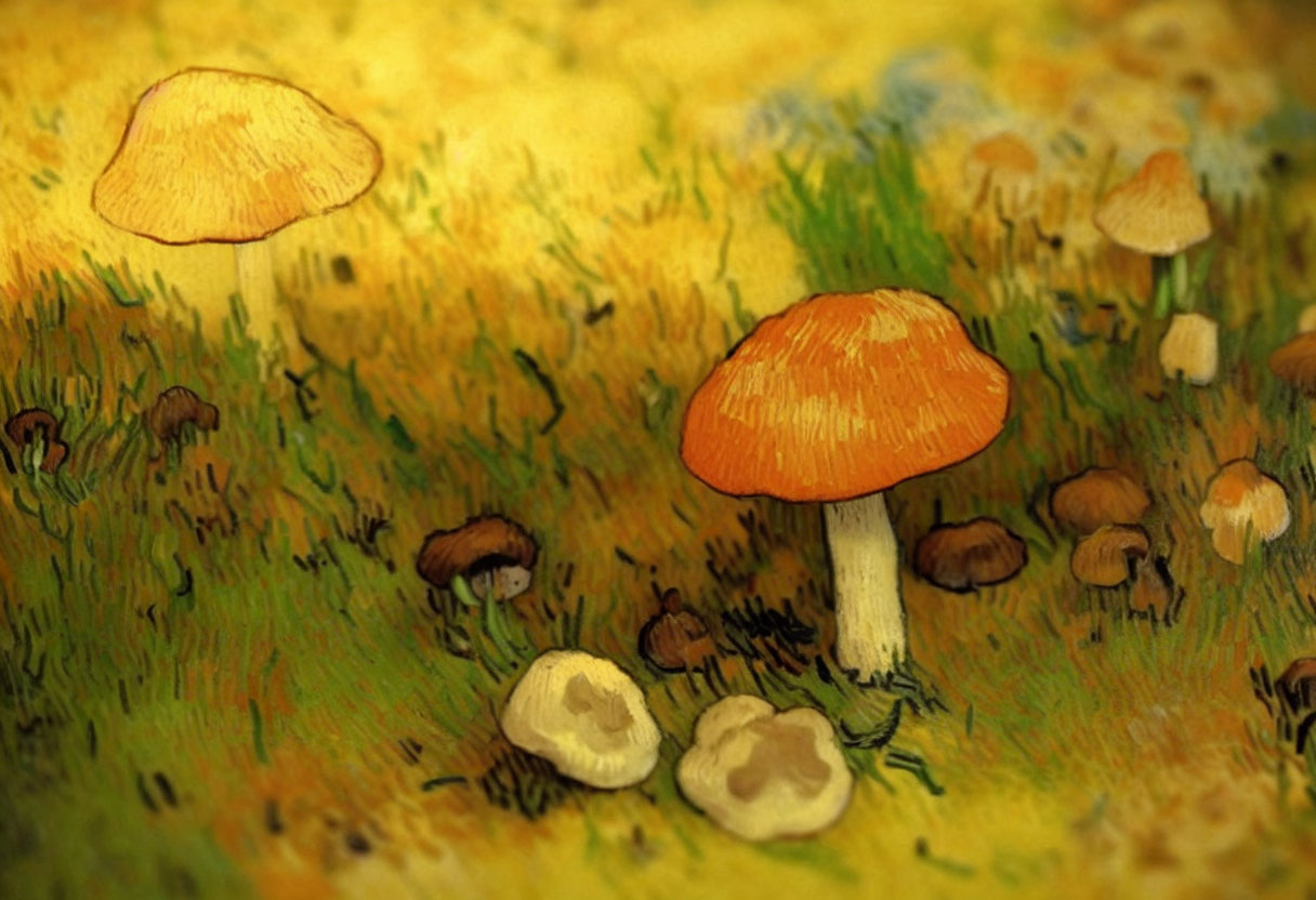 Colorful Mushroom Painting in Grassy Field