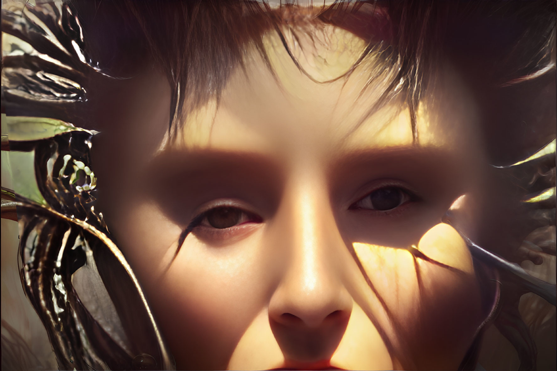 Person's Face Close-Up with Sunlight Shadows and Blurred Edges