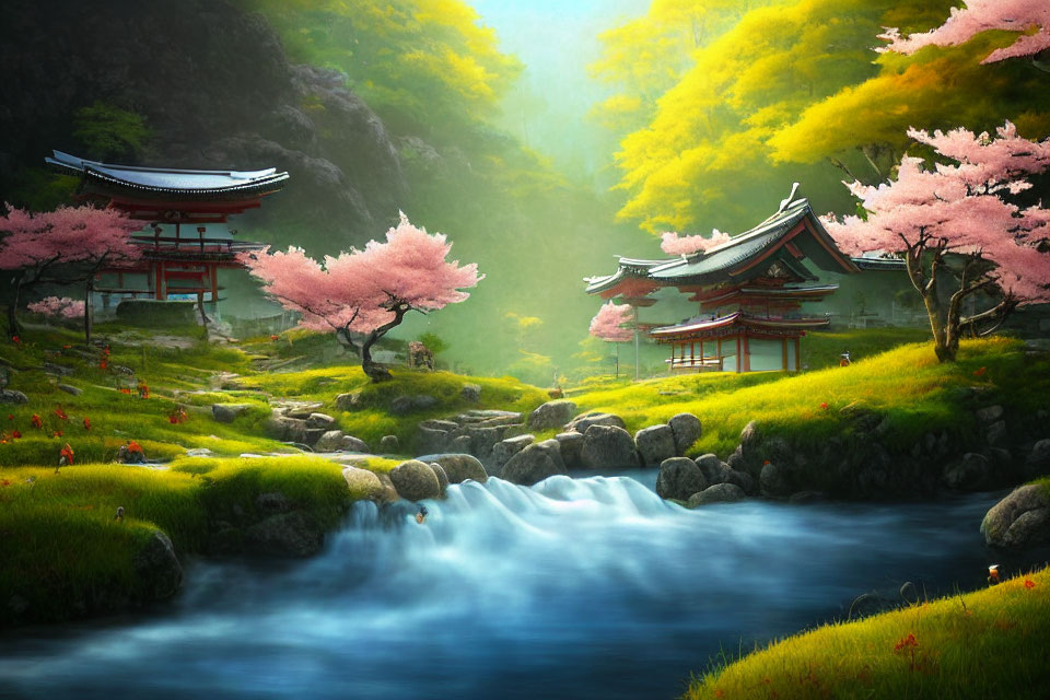 Tranquil Japanese landscape with traditional architecture, cherry blossoms, and flowing stream